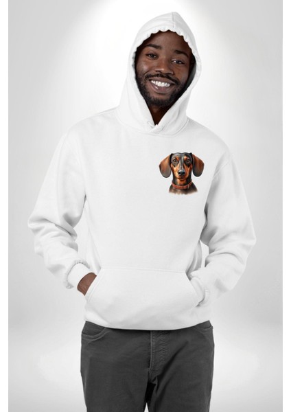 Tatlı Dachshund Köpek Aşkı Beyaz Kapüşonlu Sweatshirt Kadın Erkek Ön Minimal Sırt Baskılı indirimleri