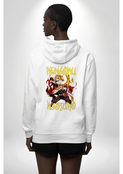 Demon Slayer Rengoku Kyojuro Savaşçı Anime Beyaz Kapüşonlu Sweatshirt Kadın Erkek Ön Minimal Sırt Baskılı modelleri