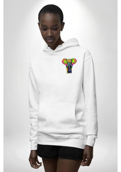 Renkli Fil Canlı Renk Modern Fil Beyaz Kapüşonlu Sweatshirt Kadın Erkek Ön Minimal Sırt Baskılı fiyatları