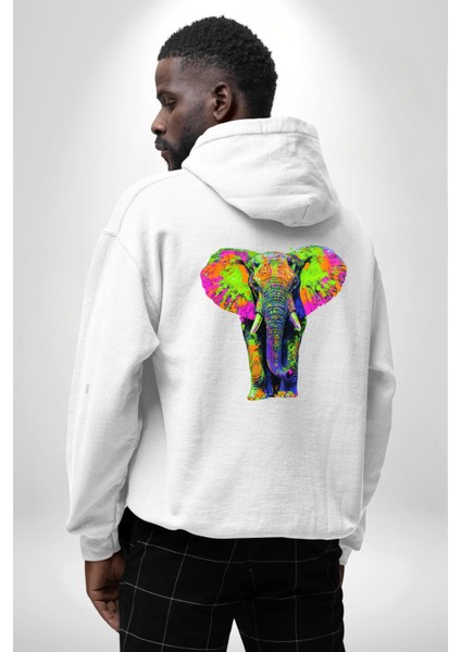 Renkli Fil Canlı Renk Modern Fil Beyaz Kapüşonlu Sweatshirt Kadın Erkek Ön Minimal Sırt Baskılı modelleri