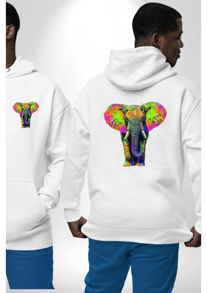 Renkli Fil Canlı Renk Modern Fil Beyaz Kapüşonlu Sweatshirt Kadın Erkek Ön Minimal Sırt Baskılı fırsatları