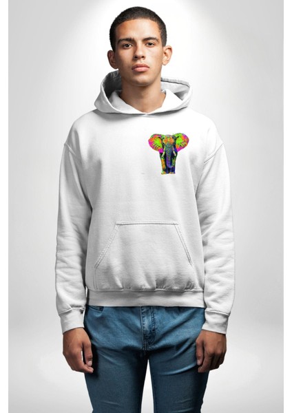 Renkli Fil Canlı Renk Modern Fil Beyaz Kapüşonlu Sweatshirt Kadın Erkek Ön Minimal Sırt Baskılı indirimleri