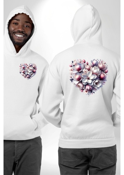 Manolya Aşkı Manolya Çiçeği Beyaz Kapüşonlu Sweatshirt Kadın Erkek Ön Minimal Sırt Baskılı