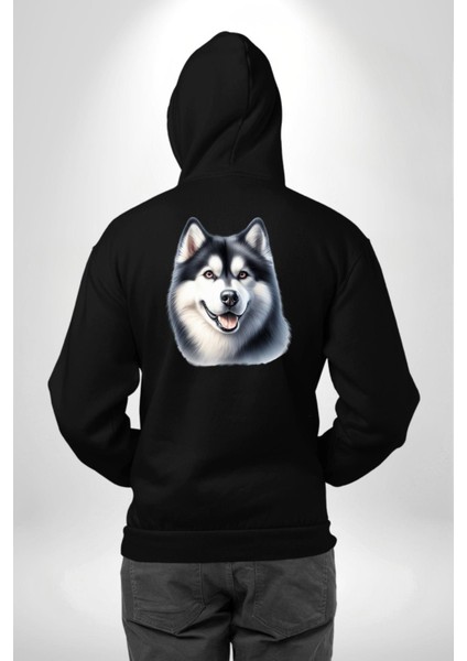 Güçlü Siberian Husky Köpek Büyük Irk Siyah Kapüşonlu Sweatshirt Kadın Erkek Ön Minimal Sırt Baskılı modelleri