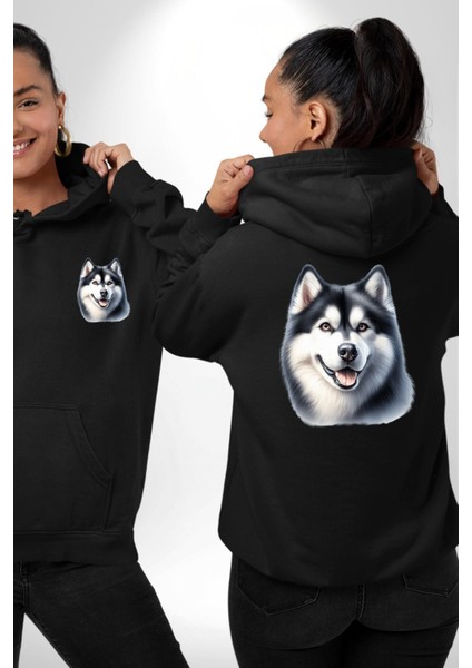 Güçlü Siberian Husky Köpek Büyük Irk Siyah Kapüşonlu Sweatshirt Kadın Erkek Ön Minimal Sırt Baskılı fırsatları