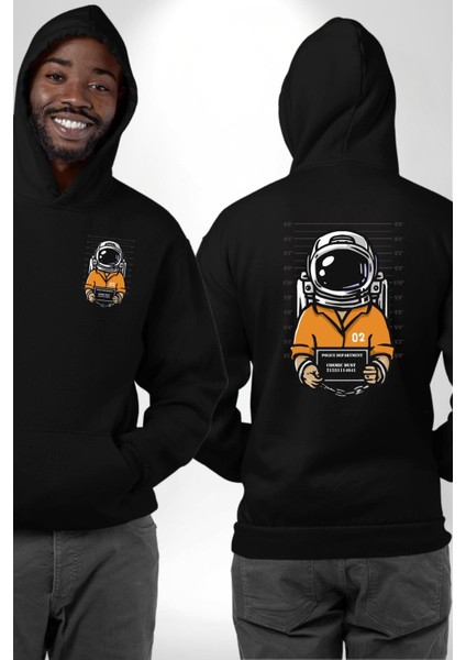 Uzay Polisi Astronot Siyah Kapüşonlu Sweatshirt Kadın Erkek Ön Minimal Sırt Baskılı fiyatları