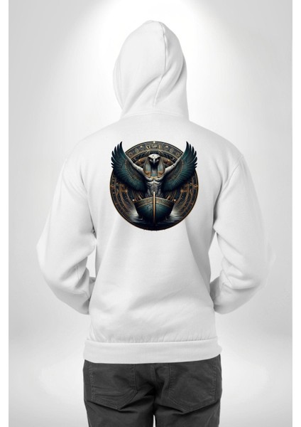 Nemty Tanrısı Seyahat ve Güven Mısır Beyaz Kapüşonlu Sweatshirt Kadın Erkek Ön Minimal Sırt Baskılı modelleri