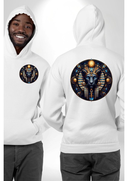 Mavi Aslan Tefnut Nem ve Su Elementi Mısır Beyaz Kapüşonlu Sweatshirt Kadın Erkek Ön Minimal Sırt Baskılı