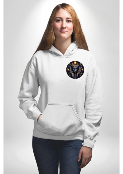 Mavi Aslan Tefnut Nem ve Su Elementi Mısır Beyaz Kapüşonlu Sweatshirt Kadın Erkek Ön Minimal Sırt Baskılı fiyatları