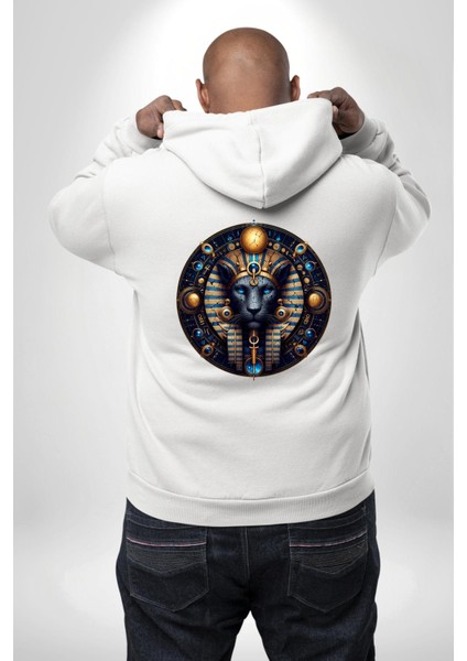 Mavi Aslan Tefnut Nem ve Su Elementi Mısır Beyaz Kapüşonlu Sweatshirt Kadın Erkek Ön Minimal Sırt Baskılı modelleri