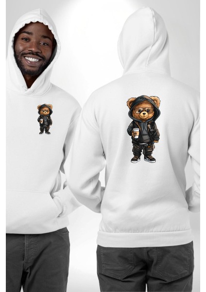Rahat ve Stil Sahibi Kahve Kafe Ayıcık Beyaz Kapüşonlu Sweatshirt Kadın Erkek Ön Minimal Sırt Baskılı