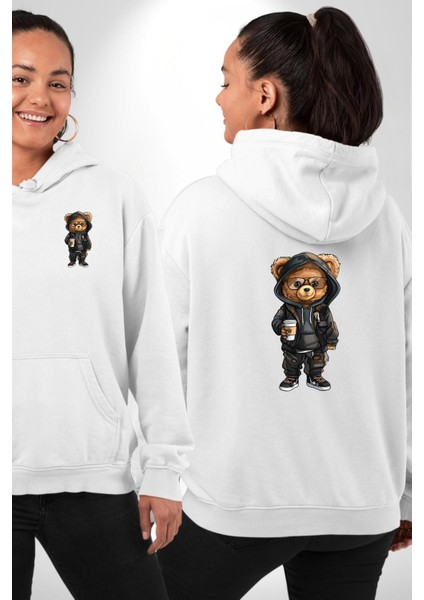 Rahat ve Stil Sahibi Kahve Kafe Ayıcık Beyaz Kapüşonlu Sweatshirt Kadın Erkek Ön Minimal Sırt Baskılı fırsatları