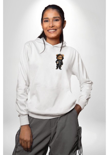 Rahat ve Stil Sahibi Kahve Kafe Ayıcık Beyaz Kapüşonlu Sweatshirt Kadın Erkek Ön Minimal Sırt Baskılı indirimleri