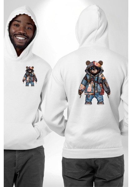Geri Dönüşümlü Sokak Modası Ayıcık Patchwork Beyaz Kapüşonlu Sweatshirt Kadın Erkek Ön Minimal Sırt Baskılı