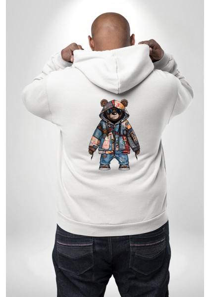 Geri Dönüşümlü Sokak Modası Ayıcık Patchwork Beyaz Kapüşonlu Sweatshirt Kadın Erkek Ön Minimal Sırt Baskılı modelleri