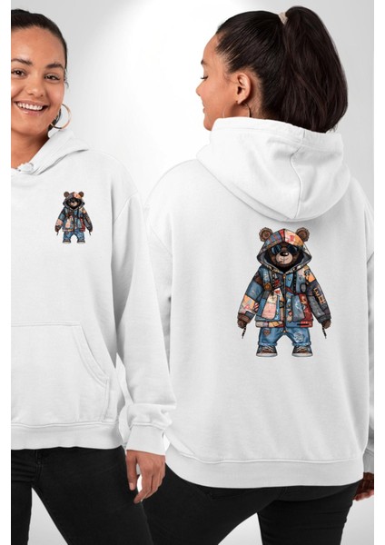 Geri Dönüşümlü Sokak Modası Ayıcık Patchwork Beyaz Kapüşonlu Sweatshirt Kadın Erkek Ön Minimal Sırt Baskılı fırsatları