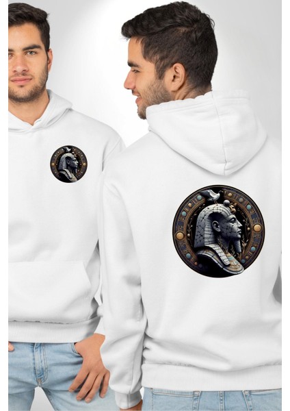 Mısır Firavun Geb Dünya Verimlilik ve Yılanlar Beyaz Kapüşonlu Sweatshirt Kadın Erkek Ön Minimal Sırt Baskılı