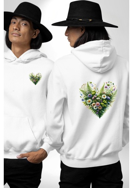 Çiçeklerin Dansı Doğa Kalbinde Sevgi Bahçesi Beyaz Kapüşonlu Sweatshirt Kadın Erkek Ön Minimal Sırt Baskılı