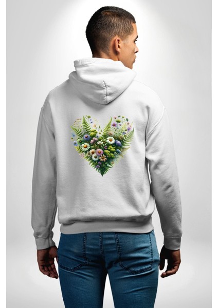 Çiçeklerin Dansı Doğa Kalbinde Sevgi Bahçesi Beyaz Kapüşonlu Sweatshirt Kadın Erkek Ön Minimal Sırt Baskılı modelleri