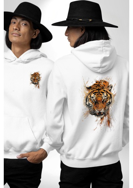 Kaplanın Öfkesi Kaplan Kafası Beyaz Kapüşonlu Sweatshirt Kadın Erkek Ön Minimal Sırt Baskılı