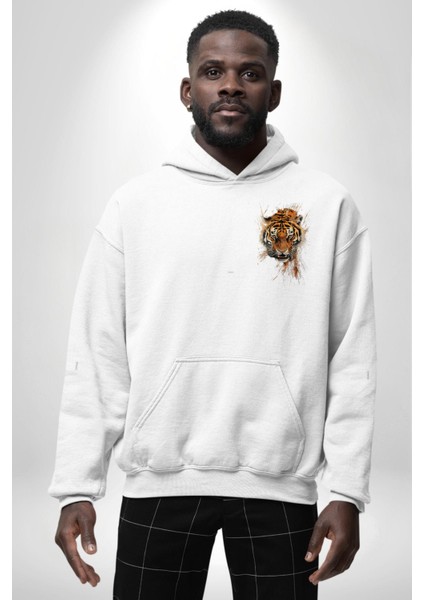 Kaplanın Öfkesi Kaplan Kafası Beyaz Kapüşonlu Sweatshirt Kadın Erkek Ön Minimal Sırt Baskılı fiyatları