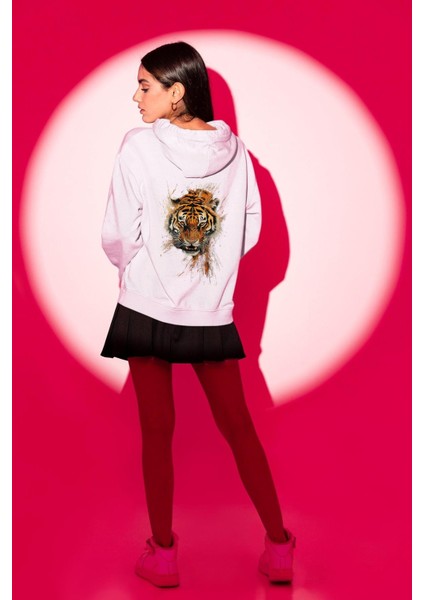 Kaplanın Öfkesi Kaplan Kafası Beyaz Kapüşonlu Sweatshirt Kadın Erkek Ön Minimal Sırt Baskılı modelleri