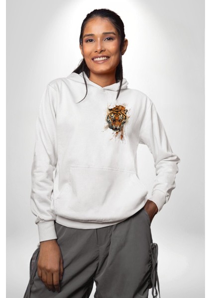 Kaplanın Öfkesi Kaplan Kafası Beyaz Kapüşonlu Sweatshirt Kadın Erkek Ön Minimal Sırt Baskılı indirimleri