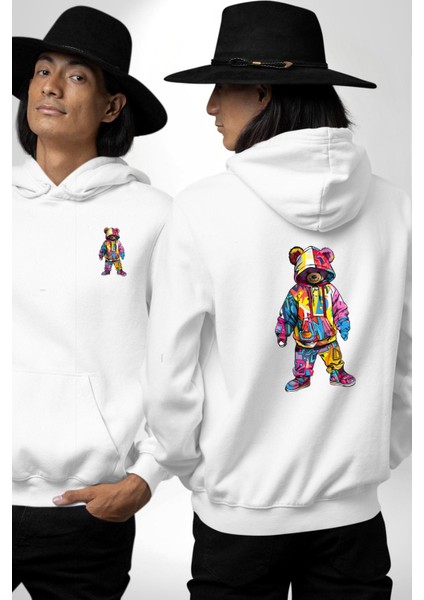 Color Splash Urban Vibes Teddy Beyaz Kapüşonlu Sweatshirt Kadın Erkek Ön Minimal Sırt Baskılı