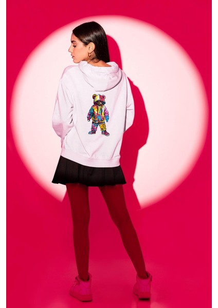 Color Splash Urban Vibes Teddy Beyaz Kapüşonlu Sweatshirt Kadın Erkek Ön Minimal Sırt Baskılı modelleri