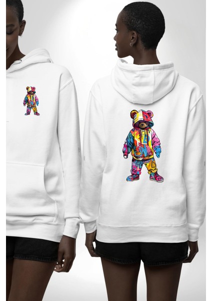 Color Splash Urban Vibes Teddy Beyaz Kapüşonlu Sweatshirt Kadın Erkek Ön Minimal Sırt Baskılı fırsatları