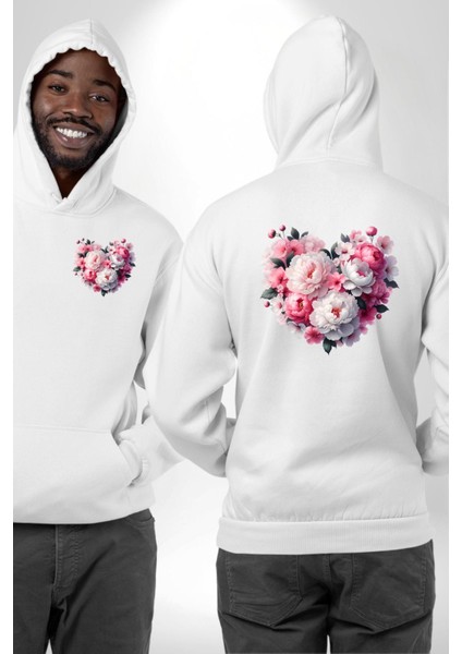 Şakayık Çiçeği Arajman Tasarımı Beyaz Kapüşonlu Sweatshirt Kadın Erkek Ön Minimal Sırt Baskılı fırsatları