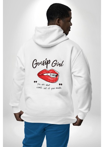 Gossip Girl Dedikodu Kızı Baskılı Beyaz Kapüşonlu Sweatshirt Kadın Erkek Ön Minimal Sırt Baskılı modelleri