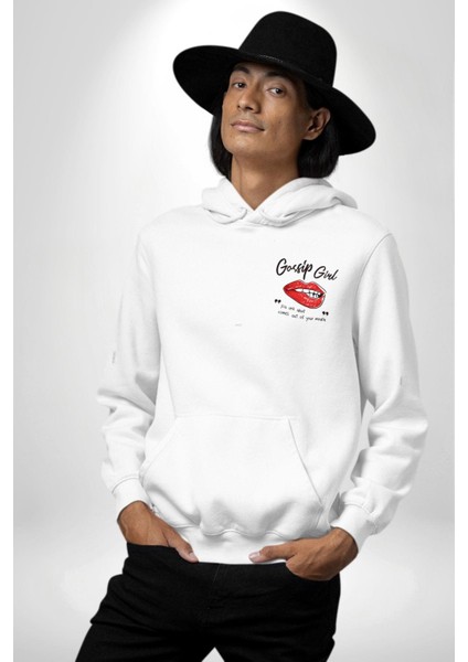 Gossip Girl Dedikodu Kızı Baskılı Beyaz Kapüşonlu Sweatshirt Kadın Erkek Ön Minimal Sırt Baskılı indirimleri