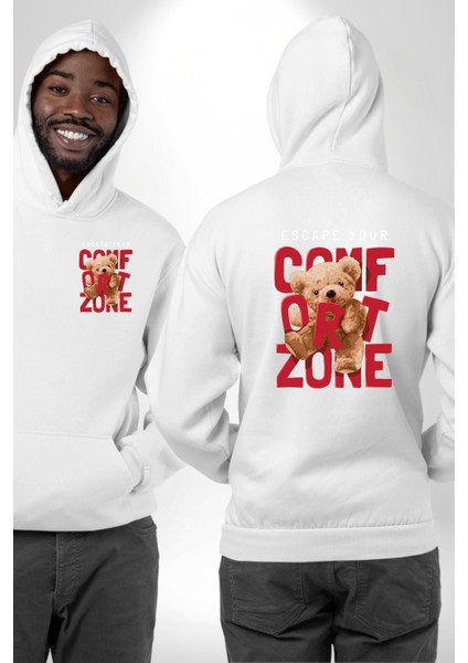 Konfor Alanından Çık Ayı Tasarımı Beyaz Kapüşonlu Sweatshirt Kadın Erkek Ön Minimal Sırt Baskılı