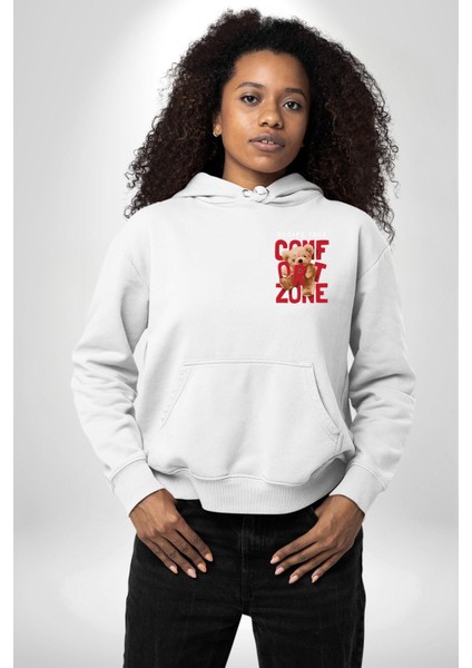 Konfor Alanından Çık Ayı Tasarımı Beyaz Kapüşonlu Sweatshirt Kadın Erkek Ön Minimal Sırt Baskılı fiyatları