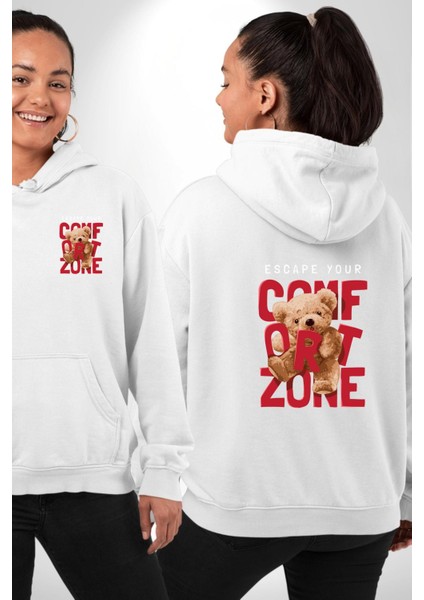 Konfor Alanından Çık Ayı Tasarımı Beyaz Kapüşonlu Sweatshirt Kadın Erkek Ön Minimal Sırt Baskılı fırsatları