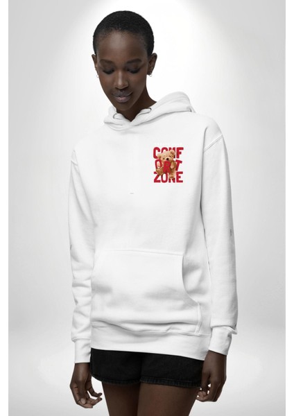 Konfor Alanından Çık Ayı Tasarımı Beyaz Kapüşonlu Sweatshirt Kadın Erkek Ön Minimal Sırt Baskılı indirimleri