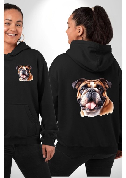 Efsane Bulldog Köpek Dostu Siyah Kapüşonlu Sweatshirt Kadın Erkek Ön Minimal Sırt Baskılı