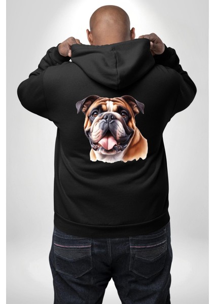 Efsane Bulldog Köpek Dostu Siyah Kapüşonlu Sweatshirt Kadın Erkek Ön Minimal Sırt Baskılı modelleri
