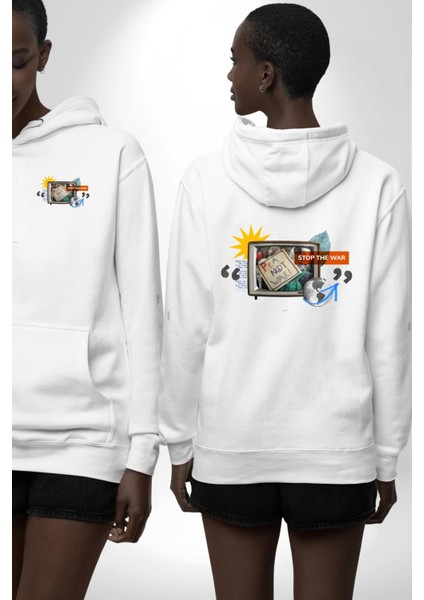 Barış Savaşa Hayır Beyaz Kapüşonlu Sweatshirt Kadın Erkek Ön Minimal Sırt Baskılı