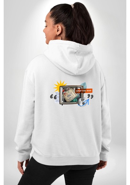 Barış Savaşa Hayır Beyaz Kapüşonlu Sweatshirt Kadın Erkek Ön Minimal Sırt Baskılı modelleri