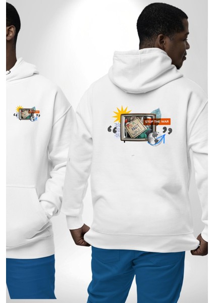 Barış Savaşa Hayır Beyaz Kapüşonlu Sweatshirt Kadın Erkek Ön Minimal Sırt Baskılı fırsatları