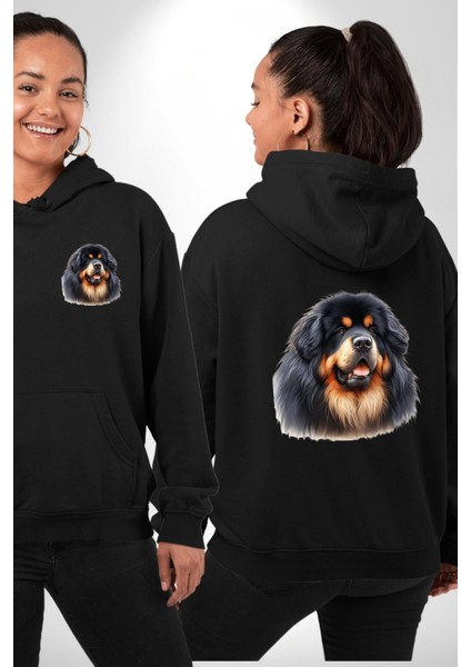Tibetan Mastiff Güçlü Sadık Köpek Siyah Kapüşonlu Sweatshirt Kadın Erkek Ön Minimal Sırt Baskılı