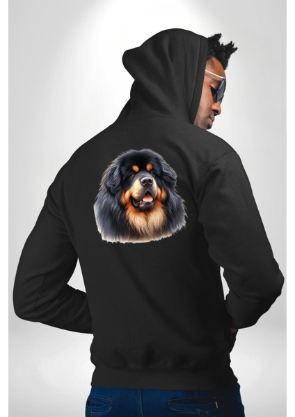 Tibetan Mastiff Güçlü Sadık Köpek Siyah Kapüşonlu Sweatshirt Kadın Erkek Ön Minimal Sırt Baskılı modelleri