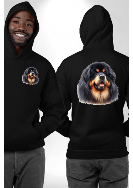 Tibetan Mastiff Güçlü Sadık Köpek Siyah Kapüşonlu Sweatshirt Kadın Erkek Ön Minimal Sırt Baskılı fırsatları