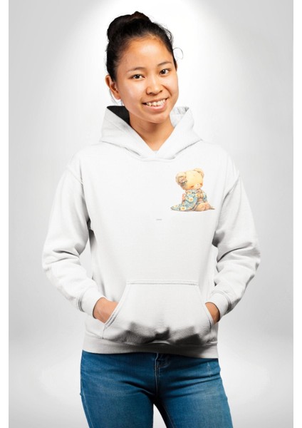 Mavi Çiçek Desenli Kimonolu Sevimli Ayıcık Teddy Beyaz Kapüşonlu Sweatshirt Kadın Erkek Ön Minimal Sırt Baskılı fiyatları