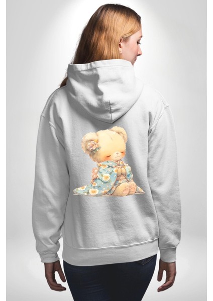 Mavi Çiçek Desenli Kimonolu Sevimli Ayıcık Teddy Beyaz Kapüşonlu Sweatshirt Kadın Erkek Ön Minimal Sırt Baskılı modelleri