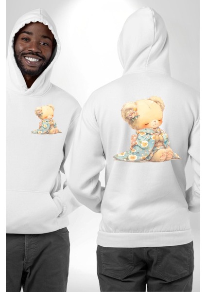 Mavi Çiçek Desenli Kimonolu Sevimli Ayıcık Teddy Beyaz Kapüşonlu Sweatshirt Kadın Erkek Ön Minimal Sırt Baskılı fırsatları