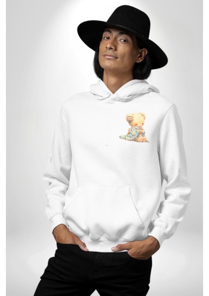Mavi Çiçek Desenli Kimonolu Sevimli Ayıcık Teddy Beyaz Kapüşonlu Sweatshirt Kadın Erkek Ön Minimal Sırt Baskılı indirimleri