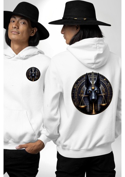 Anubis Ölüler Diyarı Koruyucusu Adalet Mısır Beyaz Kapüşonlu Sweatshirt Kadın Erkek Ön Minimal Sırt Baskılı